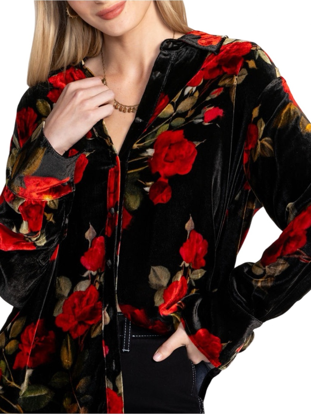 Johnny Was Women’s Sz S Black Velvet Red Rose Print Button Down Oversized Shirt